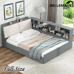Bellemave® Full Size Wood Daybed with Storage Headboard, Shelves and 2 Drawers - Bellemave