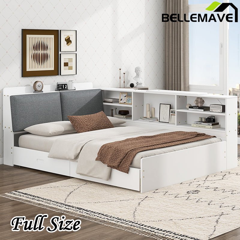 Bellemave® Full Size Wood Daybed with Storage Headboard, Shelves and 2 Drawers - Bellemave