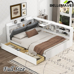 Bellemave® Full Size Wood Daybed with Storage Headboard, Shelves and 2 Drawers - Bellemave