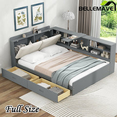 Bellemave® Full Size Wood Daybed with Storage Headboard, Shelves and 2 Drawers - Bellemave