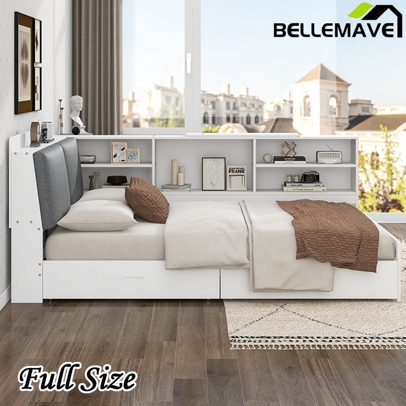 Bellemave® Full Size Wood Daybed with Storage Headboard, Shelves and 2 Drawers - Bellemave