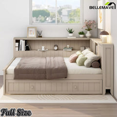 Bellemave® Full Size Wood Daybed with Storage Shelves and Trundle, Solid Wood Daybed Frame - Bellemave