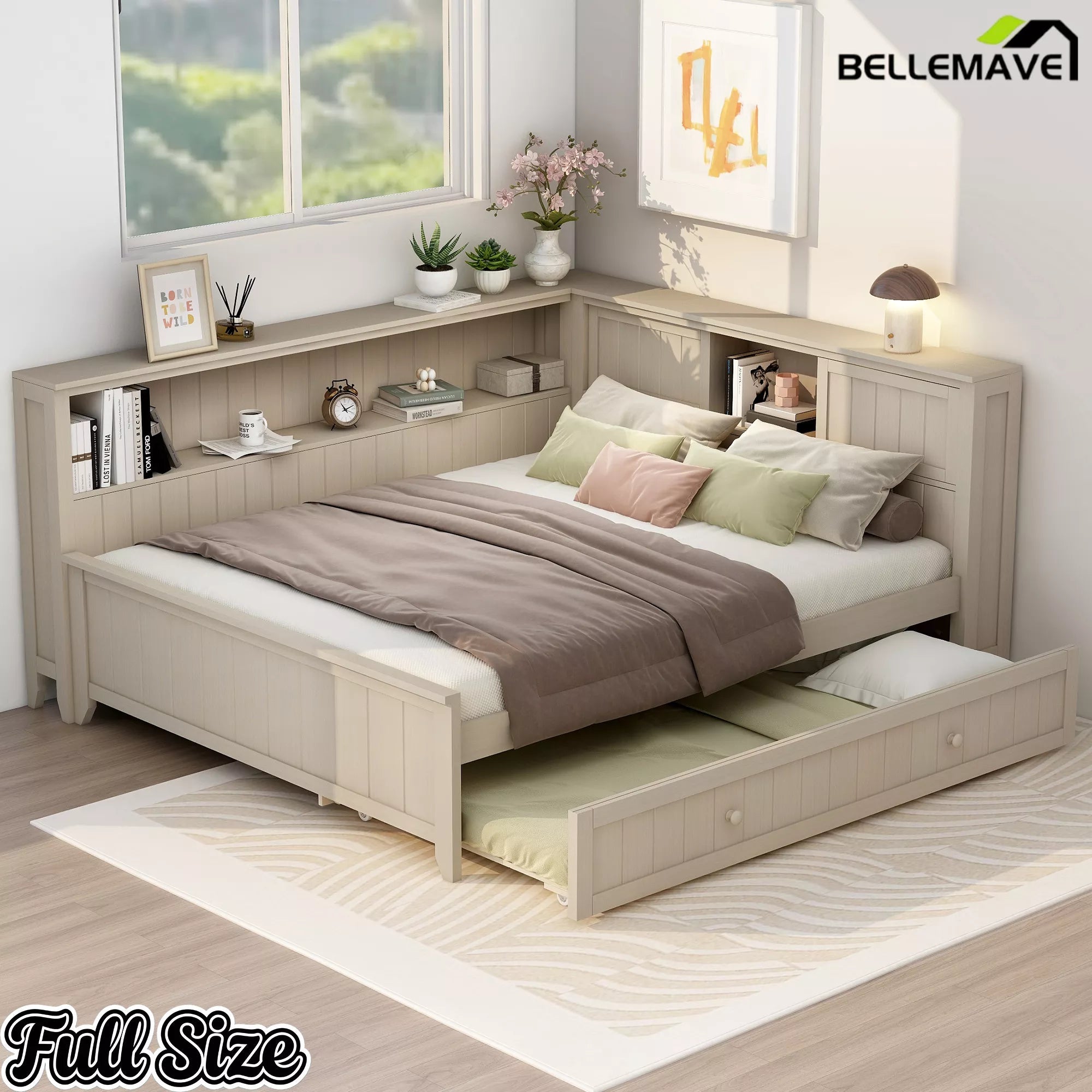 Bellemave® Full Size Wood Daybed with Storage Shelves and Trundle, Solid Wood Daybed Frame - Bellemave