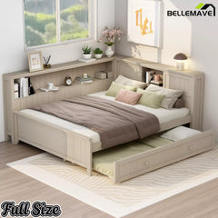 Bellemave® Full Size Wood Daybed with Storage Shelves and Trundle, Solid Wood Daybed Frame - Bellemave