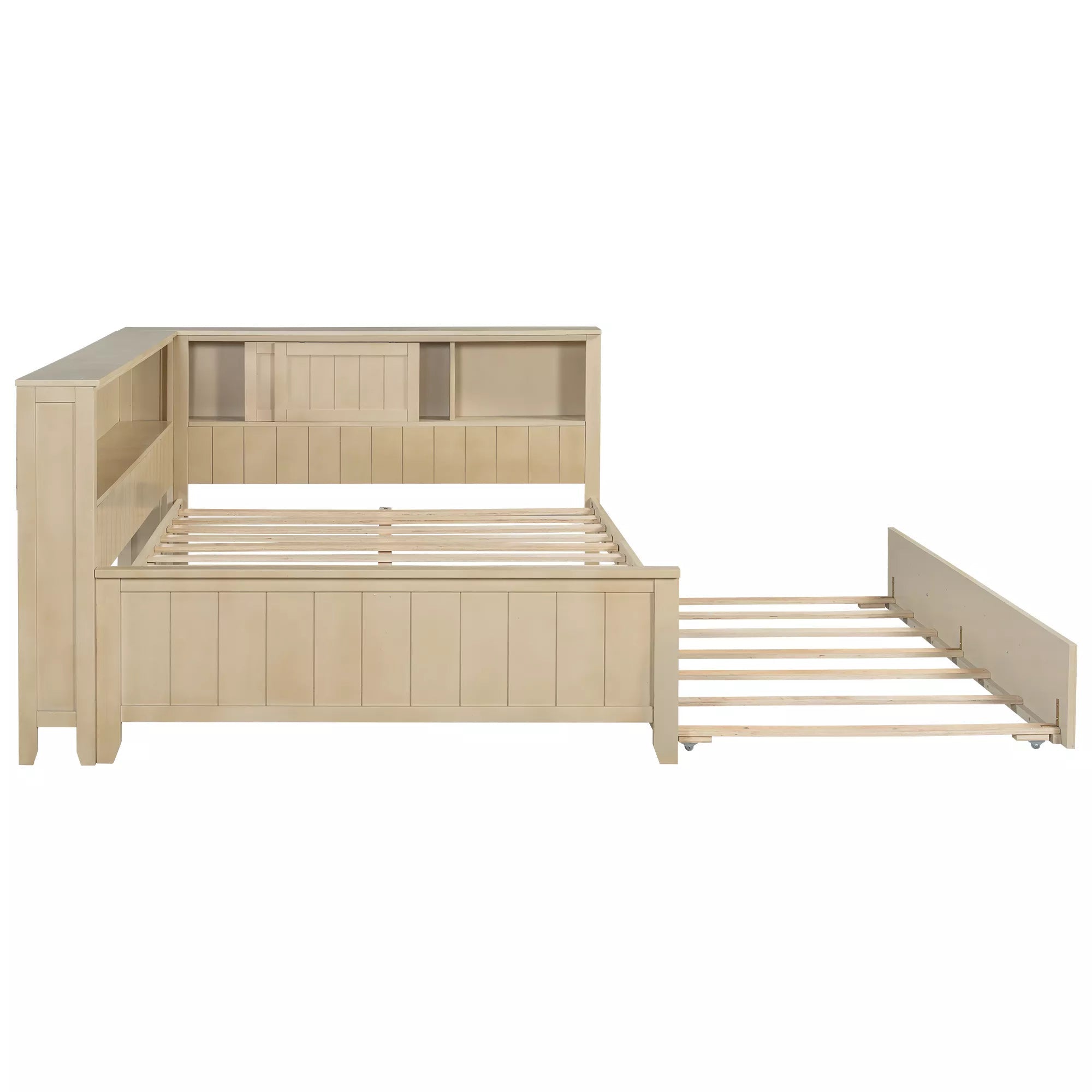 Bellemave® Full Size Wood Daybed with Storage Shelves and Trundle, Solid Wood Daybed Frame - Bellemave