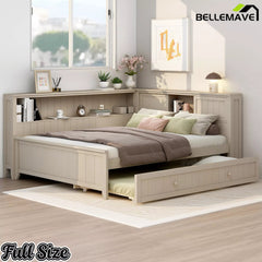 Bellemave® Full Size Wood Daybed with Storage Shelves and Trundle, Solid Wood Daybed Frame - Bellemave