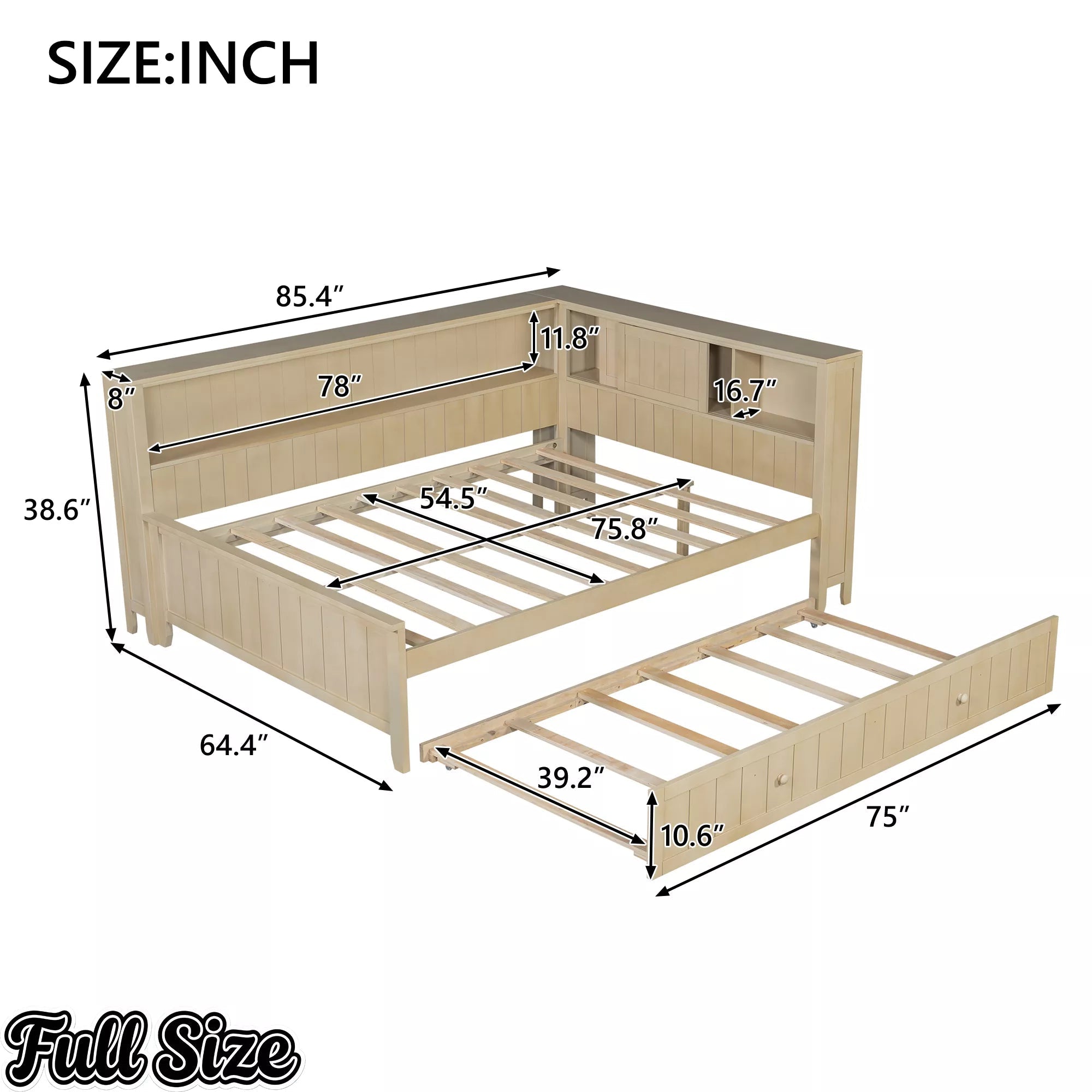 Bellemave® Full Size Wood Daybed with Storage Shelves and Trundle, Solid Wood Daybed Frame - Bellemave