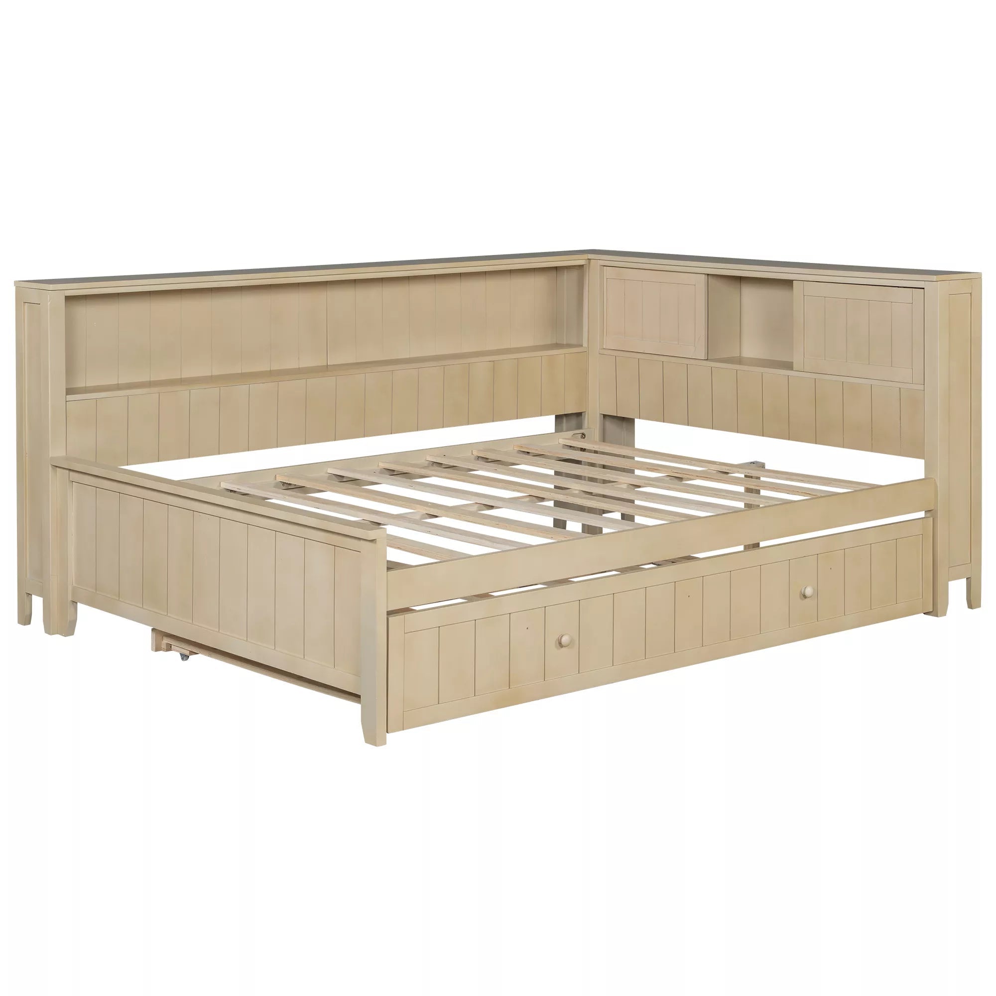 Bellemave® Full Size Wood Daybed with Storage Shelves and Trundle, Solid Wood Daybed Frame - Bellemave