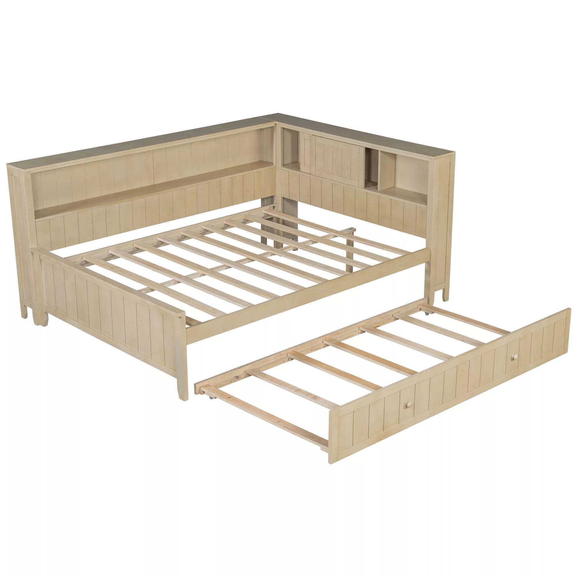 Bellemave® Full Size Wood Daybed with Storage Shelves and Trundle, Solid Wood Daybed Frame - Bellemave