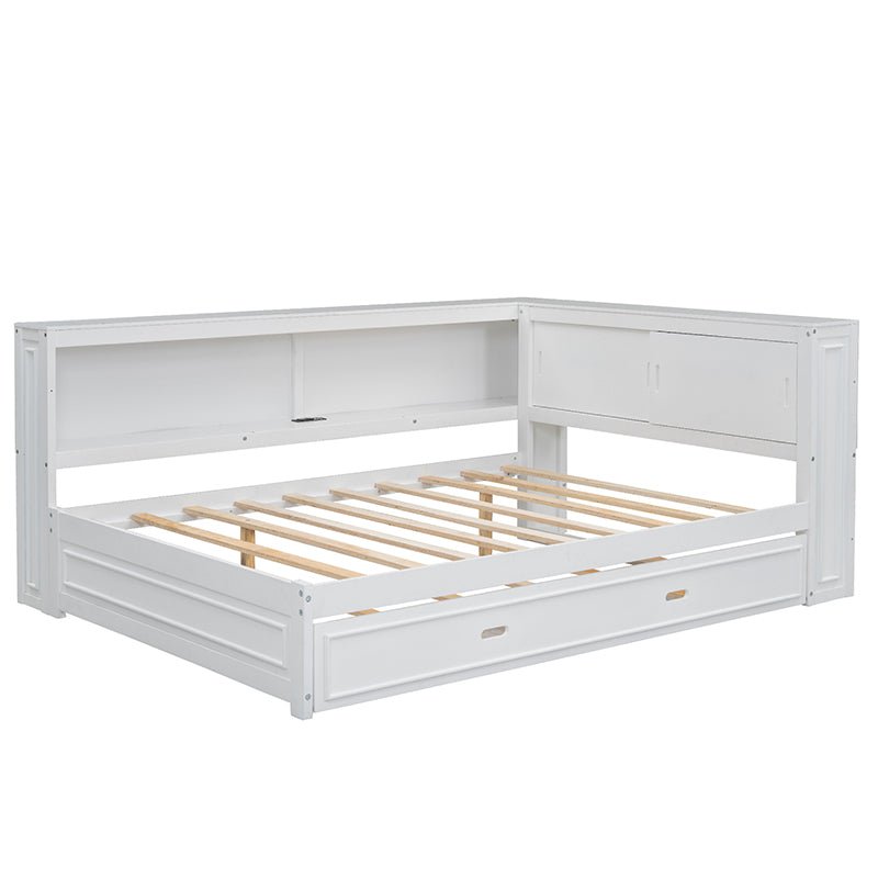 Bellemave® Full Size Wood Daybed with Storage Shelves, USB, LED and Trundle - Bellemave