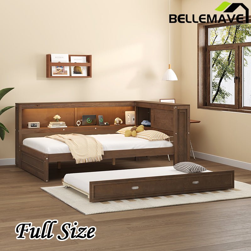 Bellemave® Full Size Wood Daybed with Storage Shelves, USB, LED and Trundle - Bellemave