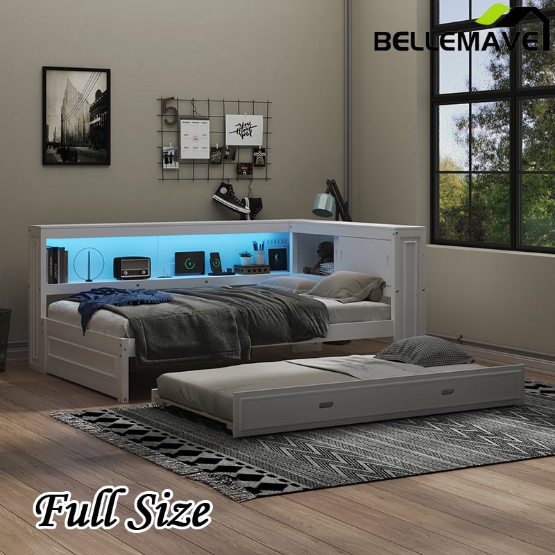 Bellemave® Full Size Wood Daybed with Storage Shelves, USB, LED and Trundle - Bellemave