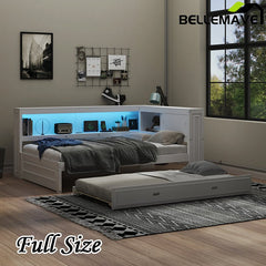 Bellemave® Full Size Wood Daybed with Storage Shelves, USB, LED and Trundle - Bellemave