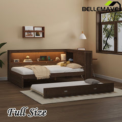 Bellemave® Full Size Wood Daybed with Storage Shelves, USB, LED and Trundle - Bellemave