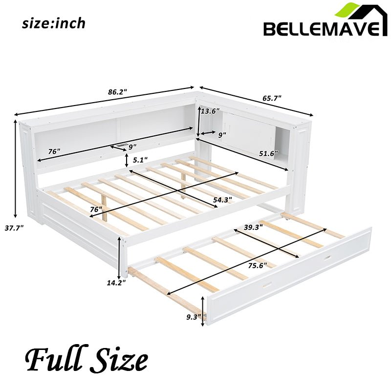 Bellemave® Full Size Wood Daybed with Storage Shelves, USB, LED and Trundle - Bellemave