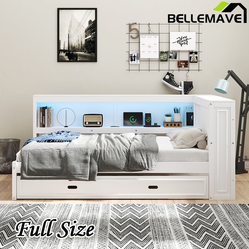 Bellemave® Full Size Wood Daybed with Storage Shelves, USB, LED and Trundle - Bellemave