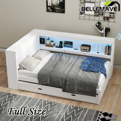Bellemave® Full Size Wood Daybed with Storage Shelves, USB, LED and Trundle - Bellemave