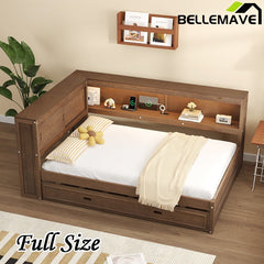 Bellemave® Full Size Wood Daybed with Storage Shelves, USB, LED and Trundle - Bellemave
