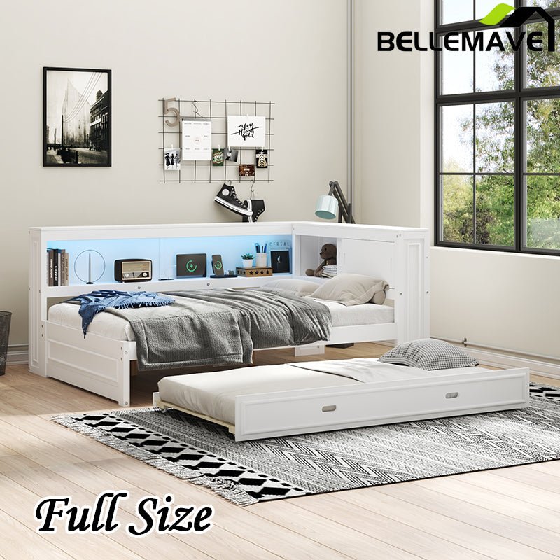 Bellemave® Full Size Wood Daybed with Storage Shelves, USB, LED and Trundle - Bellemave