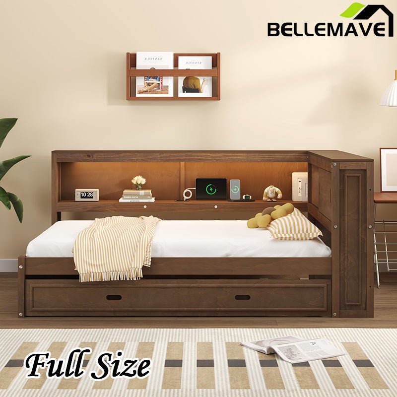 Bellemave® Full Size Wood Daybed with Storage Shelves, USB, LED and Trundle - Bellemave