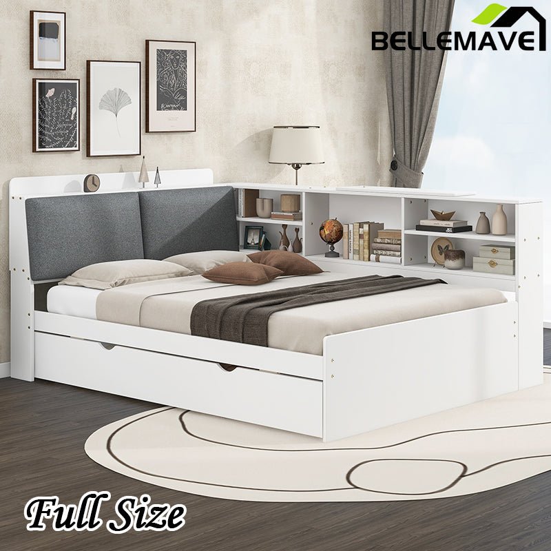 Bellemave® Full Size Wood Daybed with Trundle, Shelves and Storage Headboard - Bellemave