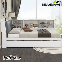 Bellemave® Full Size Wood Daybed with Trundle, Shelves and Storage Headboard - Bellemave