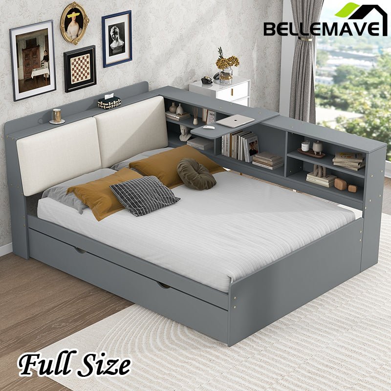 Bellemave® Full Size Wood Daybed with Trundle, Shelves and Storage Headboard - Bellemave
