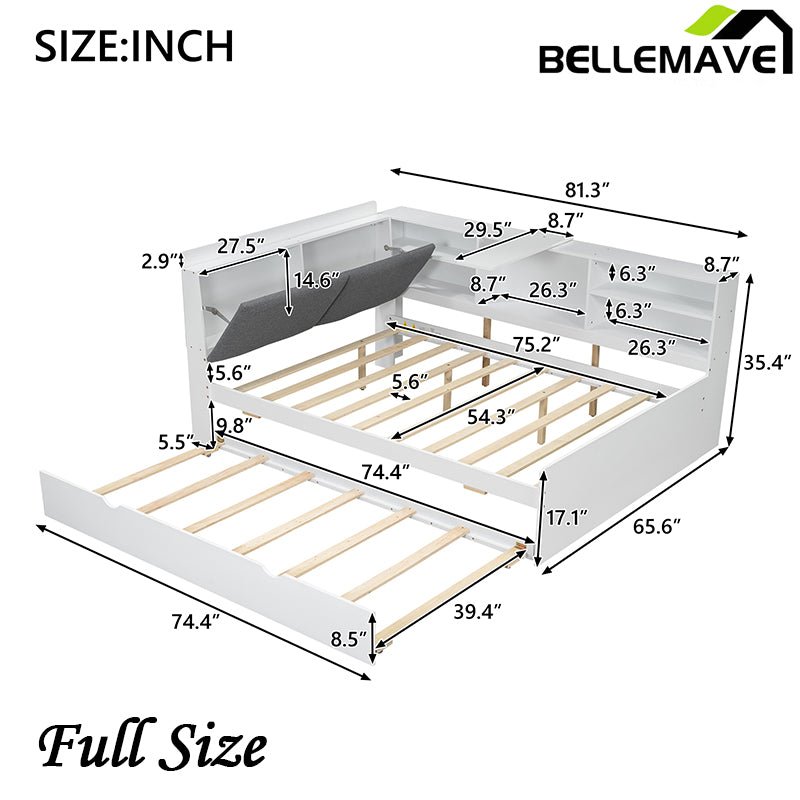 Bellemave® Full Size Wood Daybed with Trundle, Shelves and Storage Headboard - Bellemave