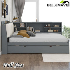 Bellemave® Full Size Wood Daybed with Trundle, Shelves and Storage Headboard - Bellemave