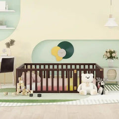 Bellemave® Full Size Wood Floor Bed Frame with Fence and Door - Bellemave
