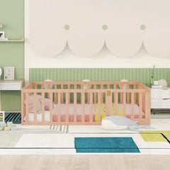 Bellemave® Full Size Wood Floor Bed Frame with Fence and Door - Bellemave
