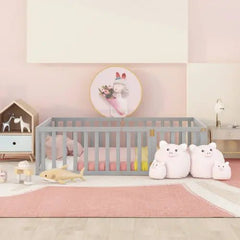 Bellemave® Full Size Wood Floor Bed Frame with Fence and Door - Bellemave
