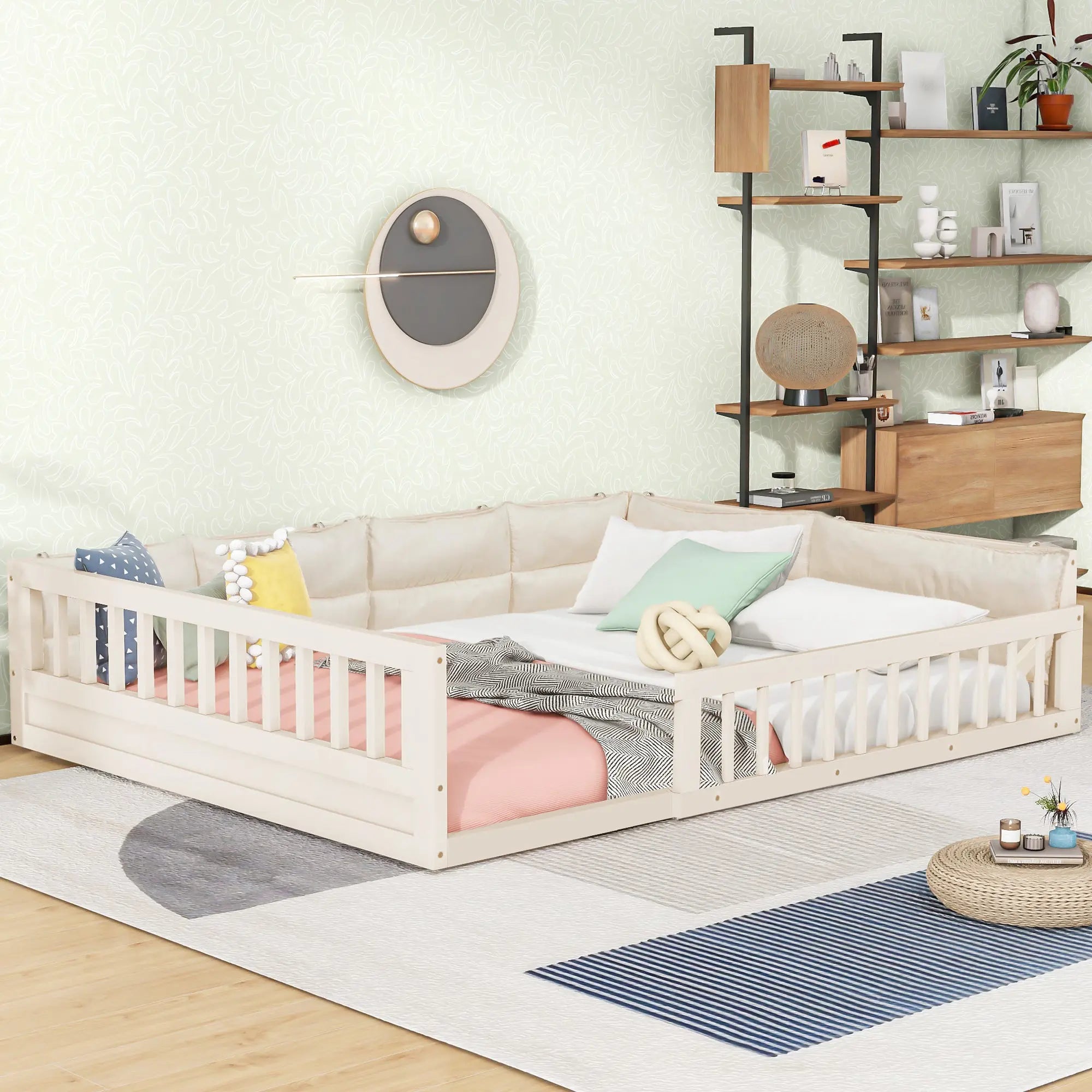 Bellemave® Full Size Wood Floor Bed with Guardrail and Pillow - Bellemave