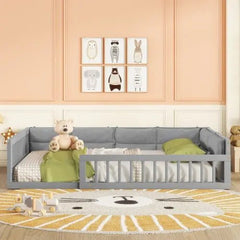 Bellemave® Full Size Wood Floor Bed with Guardrail and Pillow - Bellemave
