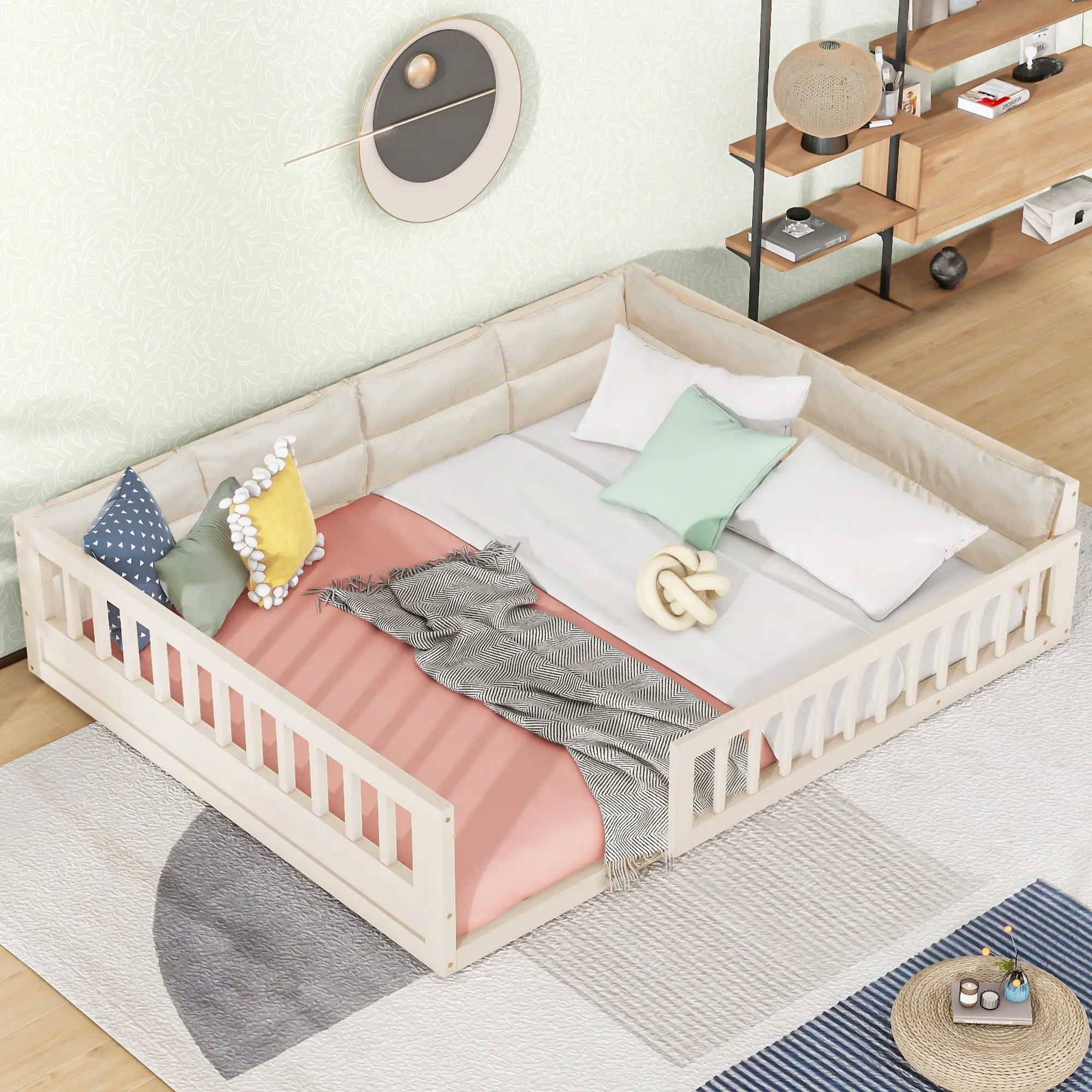 Bellemave® Full Size Wood Floor Bed with Guardrail and Pillow - Bellemave
