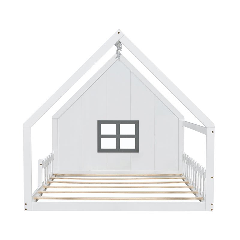 Bellemave® Full Size Wood Floor House Bed with Window and Fence - Bellemave