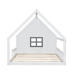Bellemave® Full Size Wood Floor House Bed with Window and Fence - Bellemave
