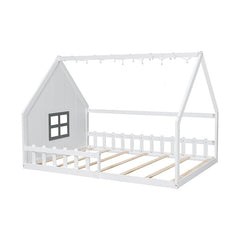 Bellemave® Full Size Wood Floor House Bed with Window and Fence - Bellemave