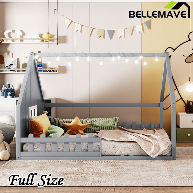 Bellemave® Full Size Wood Floor House Bed with Window and Fence - Bellemave
