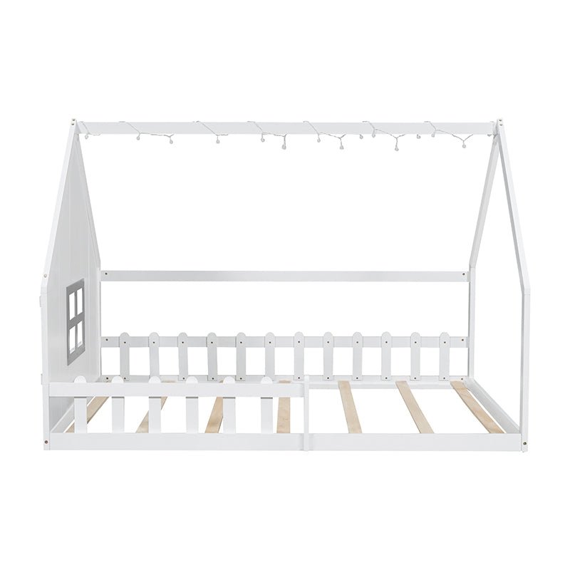 Bellemave® Full Size Wood Floor House Bed with Window and Fence - Bellemave