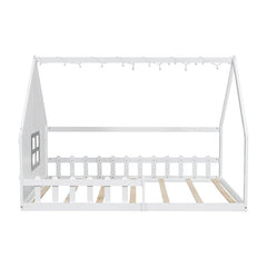 Bellemave® Full Size Wood Floor House Bed with Window and Fence - Bellemave