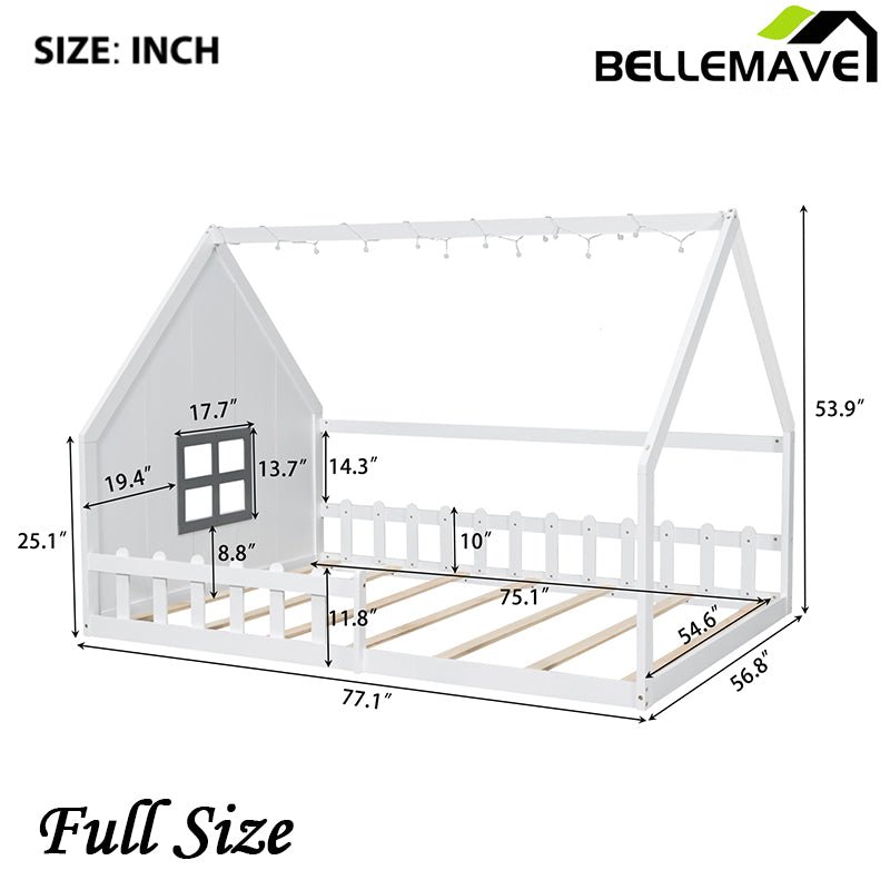 Bellemave® Full Size Wood Floor House Bed with Window and Fence - Bellemave