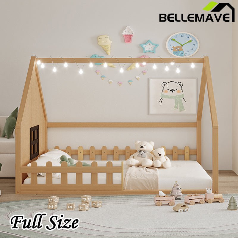 Bellemave® Full Size Wood Floor House Bed with Window and Fence - Bellemave