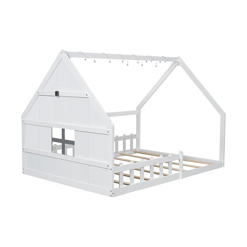 Bellemave® Full Size Wood Floor House Bed with Window and Fence - Bellemave