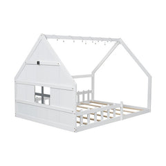 Bellemave® Full Size Wood Floor House Bed with Window and Fence - Bellemave
