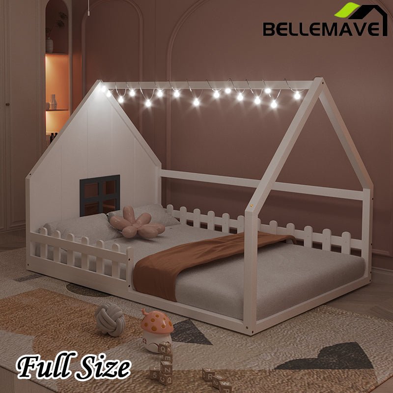 Bellemave® Full Size Wood Floor House Bed with Window and Fence - Bellemave