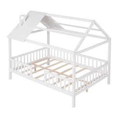 Bellemave® Full Size Wood House Bed with Fence - Bellemave