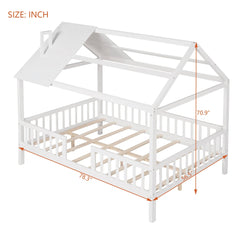 Bellemave® Full Size Wood House Bed with Fence - Bellemave