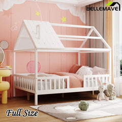 Bellemave® Full Size Wood House Bed with Fence - Bellemave