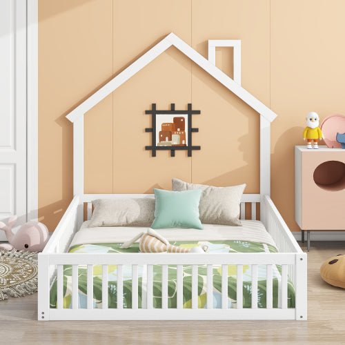 Bellemave® Full Size Wood House Floor Bed with Guardrail - Bellemave